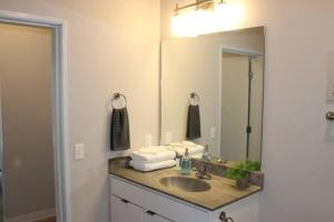 a bathroom with a sink and a large mirror at Onsite coffee bar just mins to Jack Thrice Stadium in Ames +16 photos