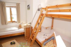 a bedroom with two bunk beds and a ladder at Wolfeicherhof in Eggstätt