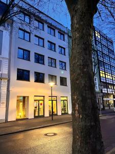 a white building with a tree in front of it at Hotel Madeleine Biohotel in Saarbrücken