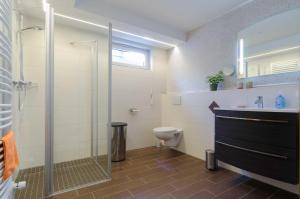 ein Bad mit einer Dusche, einem WC und einem Waschbecken in der Unterkunft Ferienwohnung Kobelsberg in Aufseß