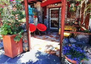 una habitación con algunas plantas y sillas rojas en Spiaggia da Monic en Trevignano Romano