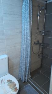 a shower curtain in a bathroom with a toilet at Apt22 stylish apartment close of Heraklion center in Heraklio
