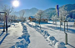 a snow covered street with trees and a building at Der Anderlbauer am See in Schliersee