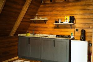 eine Küche mit Holzwänden und einer Arbeitsplatte in der Unterkunft Alis Paradise Sapanca in Sapanca