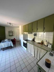 una cocina con armarios verdes y una mesa. en Appartement avec grande terrasse, en Saint-Alban-les-Eaux