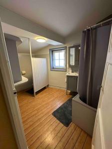 Habitación con baño con ducha y lavabo. en Appartement avec grande terrasse, en Saint-Alban-les-Eaux