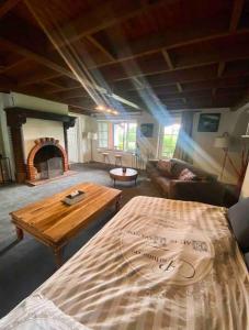 Sala de estar con cama y mesa de centro en Appartement avec grande terrasse, en Saint-Alban-les-Eaux