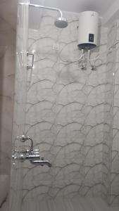 een badkamer met een douche en een glazen deur bij Raj Darbar Hotel in Goddā