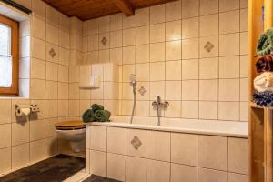 ein Badezimmer mit einem WC und einer Badewanne in der Unterkunft Bauernhaus Untermoos in Breitenbach am Inn
