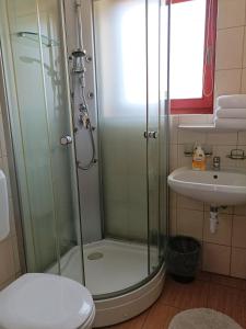 a bathroom with a shower and a toilet and a sink at Napfénydomb Vendégház in Mátraszele