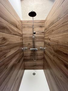 La salle de bains est pourvue d'une douche et de murs en bois. dans l'établissement Appartement dans une vieille ferme bugiste, à Ceyzérieu