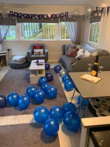 a living room with blue balloons in a living room at Beautiful Holiday Home - Lake view in York