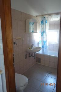 y baño con aseo, lavabo y ducha. en Apartments Mistral Orebic, en Orebić