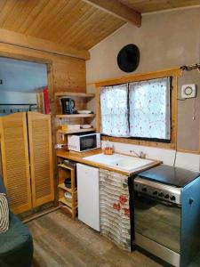 eine kleine Küche mit einer Spüle und einem Herd in der Unterkunft Chalet Opale Texas in Hermelinghen