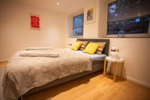 - une chambre avec un lit doté d'oreillers jaunes et d'une fenêtre dans l'établissement Nahe Stadt/Alster, Ruhig, Dart, à Hambourg