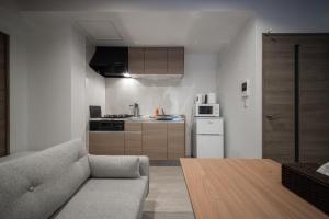 旭川市にあるASPIRE【2min from Asahikawa sta】のソファとキッチンのあるリビングルーム