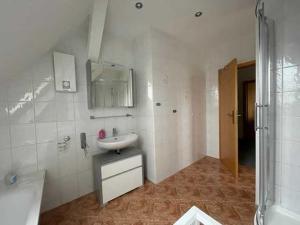 a bathroom with a sink and a mirror and a shower at Ferienwohnung "Heidetraum" Sprotta in Doberschütz