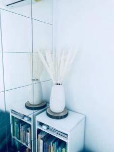 ein Bücherregal mit einer weißen Vase darüber in der Unterkunft ROMY Studio à 5 min de la plage in Canet-en-Roussillon