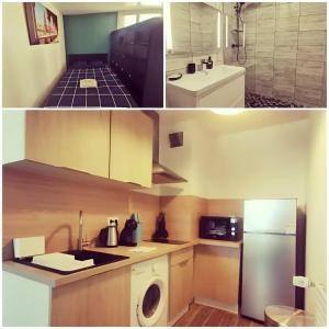 a kitchen with a sink and a refrigerator at Appartement charmant parking gratuit in Vaulx-en-Velin