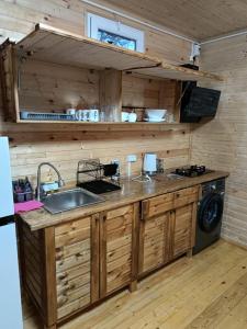 a kitchen with a sink and a washing machine at Kottage anania in Batumi