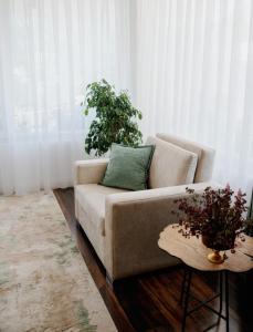 uma sala de estar com um sofá e um vaso de plantas em Hotel Thethi em Theth