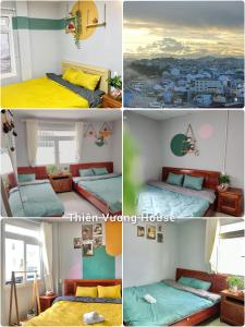 a collage of four pictures of a bedroom at Thiên Vương House Đà Lạt in Da Lat