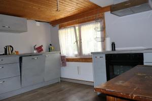 a kitchen with stainless steel appliances and a window at Schlafen im Sternen Ennetbühl in Nesslau