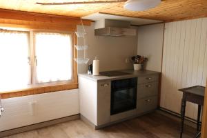 eine kleine Küche mit einem Herd und einem Fenster in der Unterkunft Schlafen im Sternen Ennetbühl in Nesslau