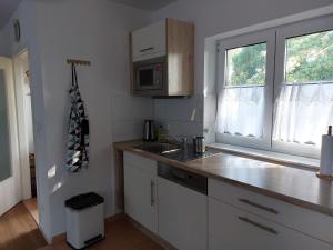 eine Küche mit einer Spüle und einer Mikrowelle in der Unterkunft Ferienwohnung zwischen Deich und Düne in Dierhagen