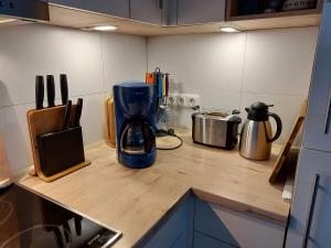 eine blaue Kaffeemaschine auf einer Theke in der Küche in der Unterkunft Ferienwohnung zwischen Deich und Düne in Dierhagen