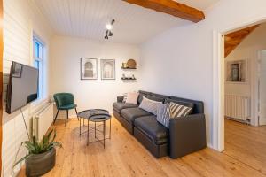 a living room with a couch and a tv at Day Dream Central Akureyri Three Bedroom Apt in Akureyri