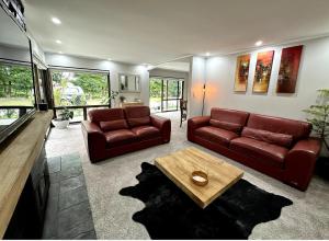 a living room with two leather couches and a coffee table at Bluegum Cottage 