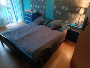 a bedroom with a bed and a blue wall at Pokoje Gościnne Wanda in Władysławowo