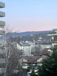 uma vista para uma cidade com edifícios e árvores em Studio Cosy 15' Genève em Annemasse