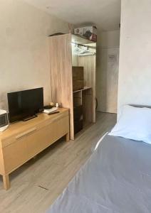 um quarto com uma cama e uma televisão numa cómoda em Studio Cosy 15' Genève em Annemasse