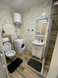 y baño con aseo, lavabo y ducha. en Apartman Victor, en Sarajevo