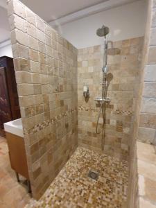 uma casa de banho com um chuveiro, uma banheira e um WC. em Alcôve Marine em Gruissan