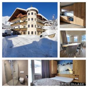 a collage of pictures of a building in the snow at Almtraum Berwang in Berwang