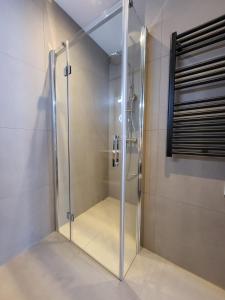 a shower with a glass door in a bathroom at Almtraum Berwang in Berwang
