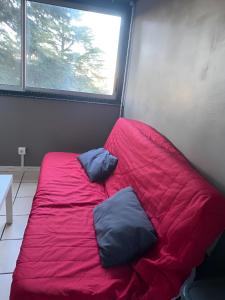 a red bed in a room with two pillows on it at Studio Cozy 245 in La Mulatière