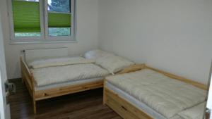 2 Betten in einem Zimmer mit 2 Fenstern in der Unterkunft Apartmánový domček Michal in Oravská Lesná
