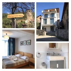 a collage of four pictures of a bedroom and a house at Boutique hotel mestia in Mestia
