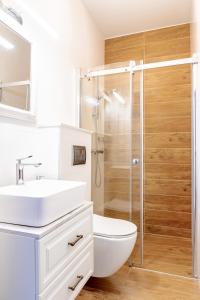 W łazience znajduje się prysznic, toaleta i umywalka. w obiekcie Filip Pokoje - Osłonino nad zatoką w mieście Osłonino