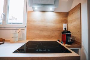 a kitchen with a stove and a wooden wall at Le Bertrand • Le Raffinement en Cœur de Ville in Châteauroux