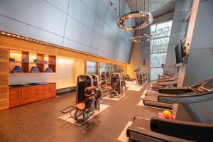 a gym with rows of treadmills and machines at Oryx Airport Hotel -Transit Only in Doha