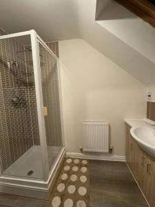 a bathroom with a shower and a sink at Greatmindz abode in Kingshurst