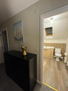 a bathroom with a toilet and a black dresser and a sink at Greatmindz abode in Kingshurst