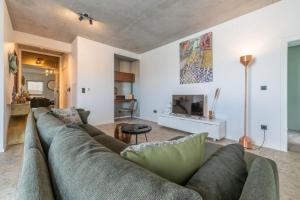 a living room with a couch and a fireplace at Haut de gamme, Appt entier, vue sur tout Mulhouse in Mulhouse