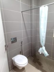 La salle de bains est pourvue de toilettes et d'un rideau de douche. dans l'établissement 3 bdr spacious apt in praia, à Praia