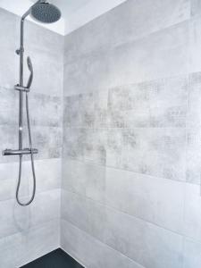 a shower with a shower head in a bathroom at Maison 3* sur la Côte de Granit Rose in Trégastel